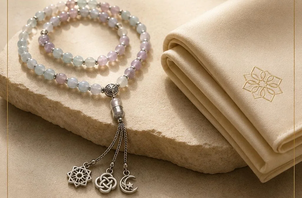 Una Aliyā de color beige doblada junto a un Anamana de piedras y minerales